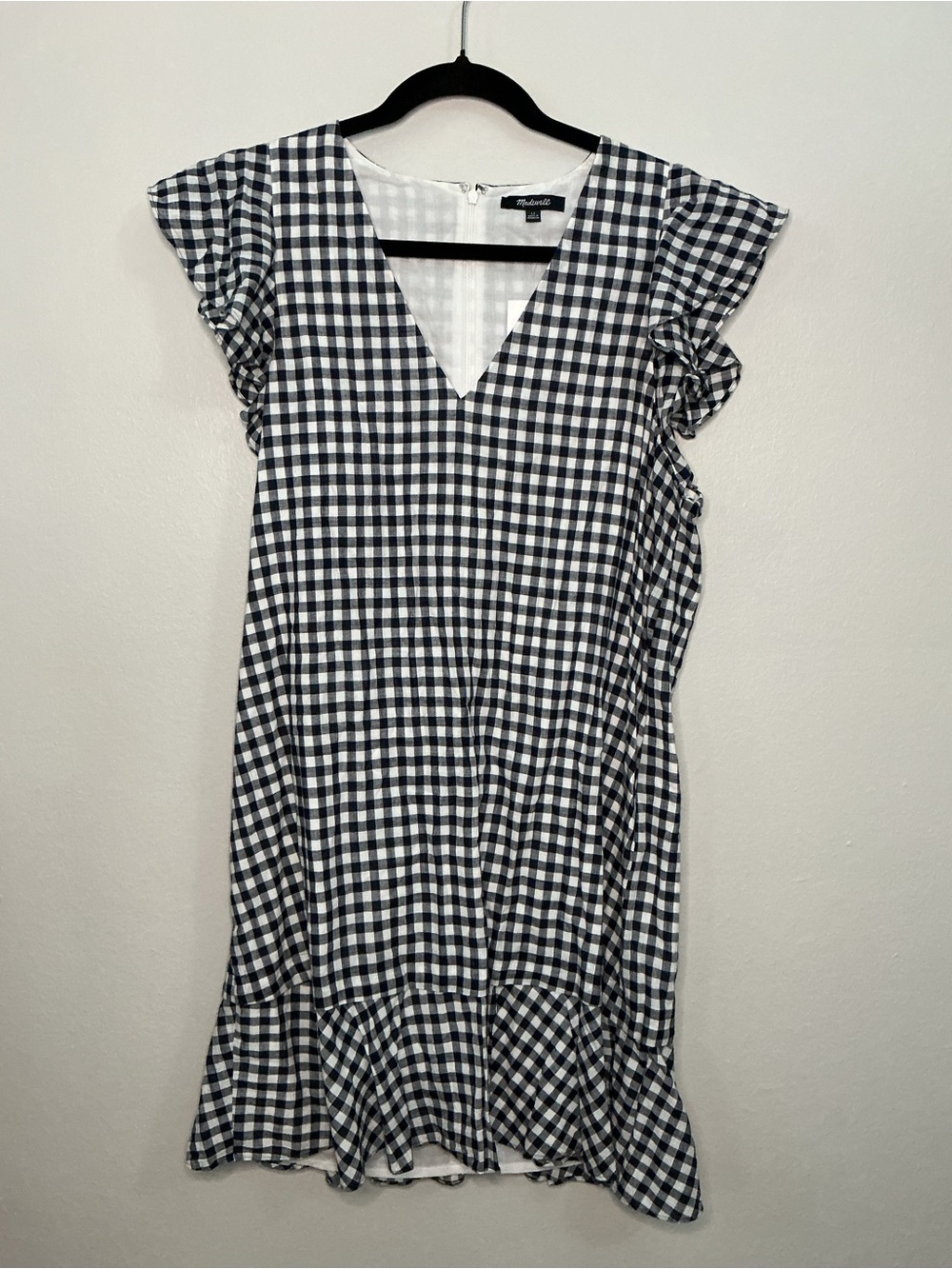 Madewell Navy & White NWT Gingham V-Neck Ruffle Mini Dress